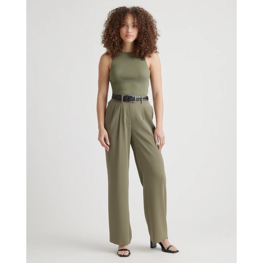 Quince Stretch Crepe Pleated Wide Leg Pants Tall 32" Olive Green NEW Womens 10